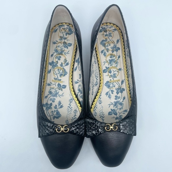 Gucci Black Leather Snake skin bow embellished GG Ballerina flats EU 38.5 - Picture 1 of 13